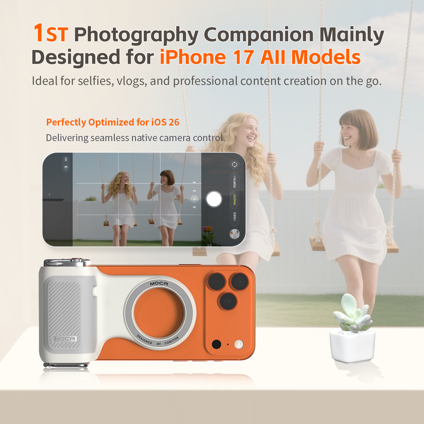 Comitok-Moca Phone Grip Handle for iOS 26+, Control Camera Switching & Focus, Compatible with Magnetic Phones, Portable & Easy Storage