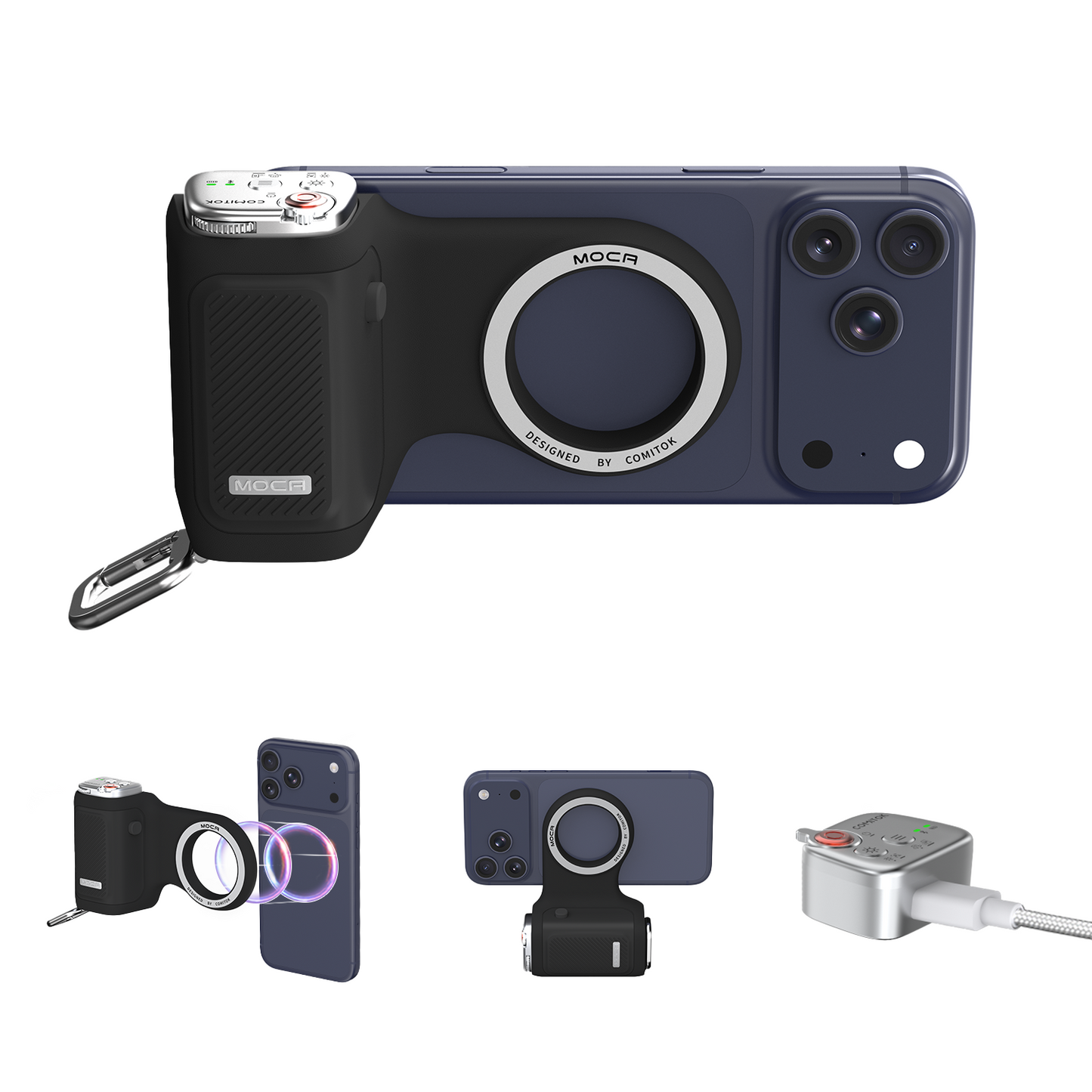 Comitok-Moca Phone Grip Handle for iOS 26+, Control Camera Switching & Focus, Compatible with Magnetic Phones, Portable & Easy Storage