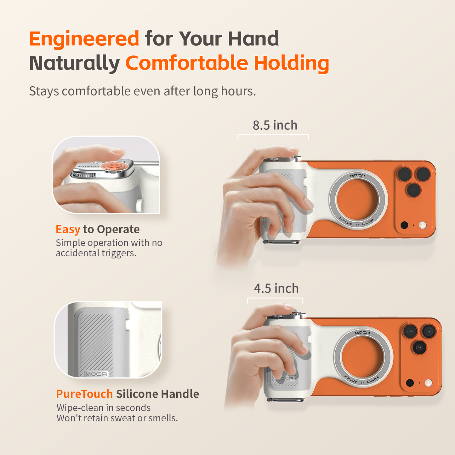 Comitok-Moca Phone Grip Handle for iOS 26+, Control Camera Switching & Focus, Compatible with Magnetic Phones, Portable & Easy Storage