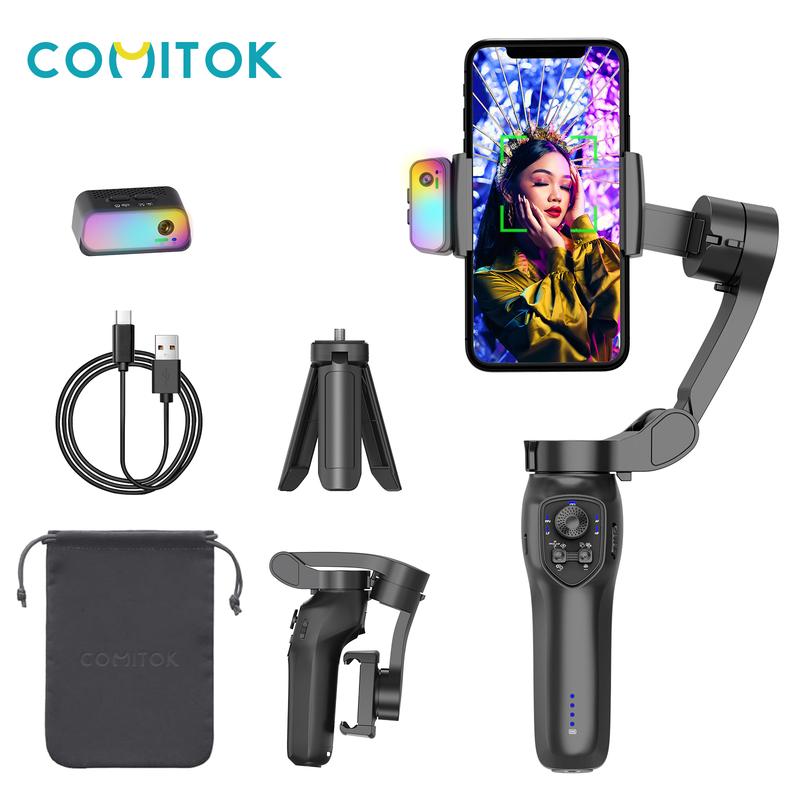Comitok L7C Pro AI Tracking&RGB LED Light, Gimbal Stabilizer for TikTokers/Youtubers, Handheld Phone Gimbal with Magnetic AI Active Tracking, Foldable Phone Stabilizer for Video Recording, for iPhone& Android, Vlogging